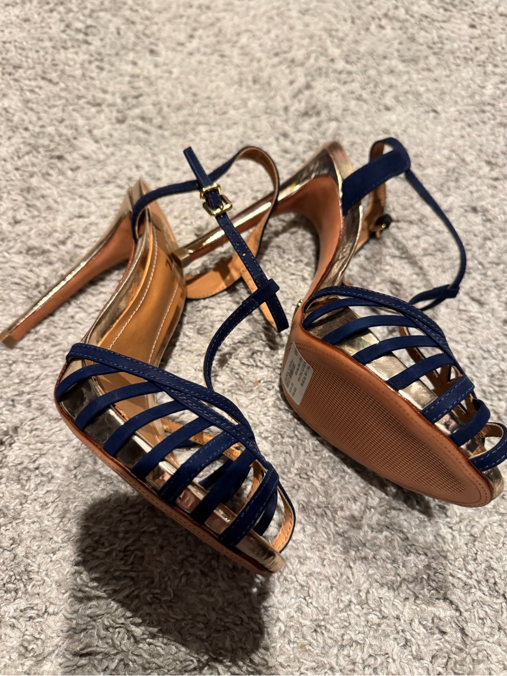 SCHUTZ Navy Strappy T-Bar High Heel Sandals with Gold Footbed - Picture 6 of 9
